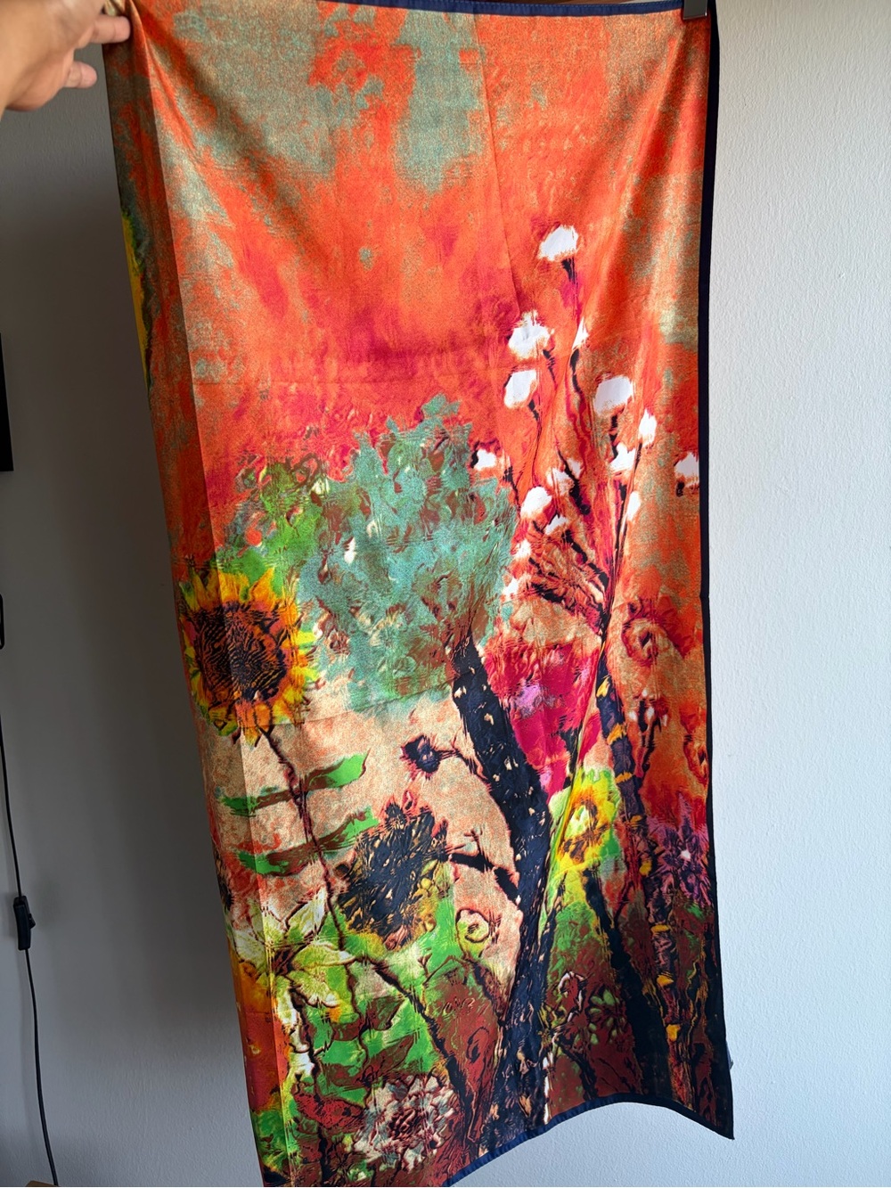 Floral Orange Silk Scarf with Multicolor Botanical Print